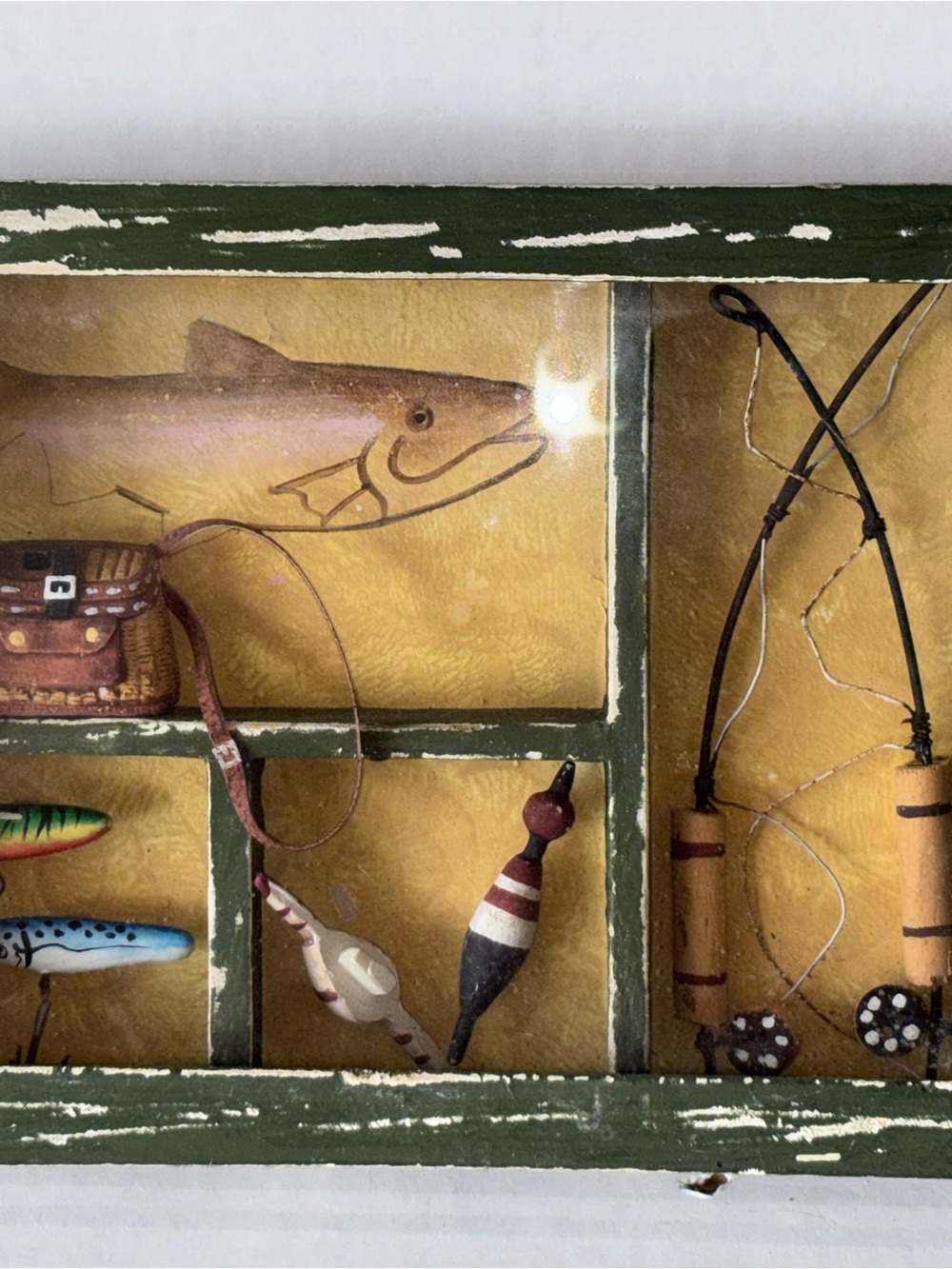 Rustic Green Fishing Hook Display Shelf with Nautical Accents